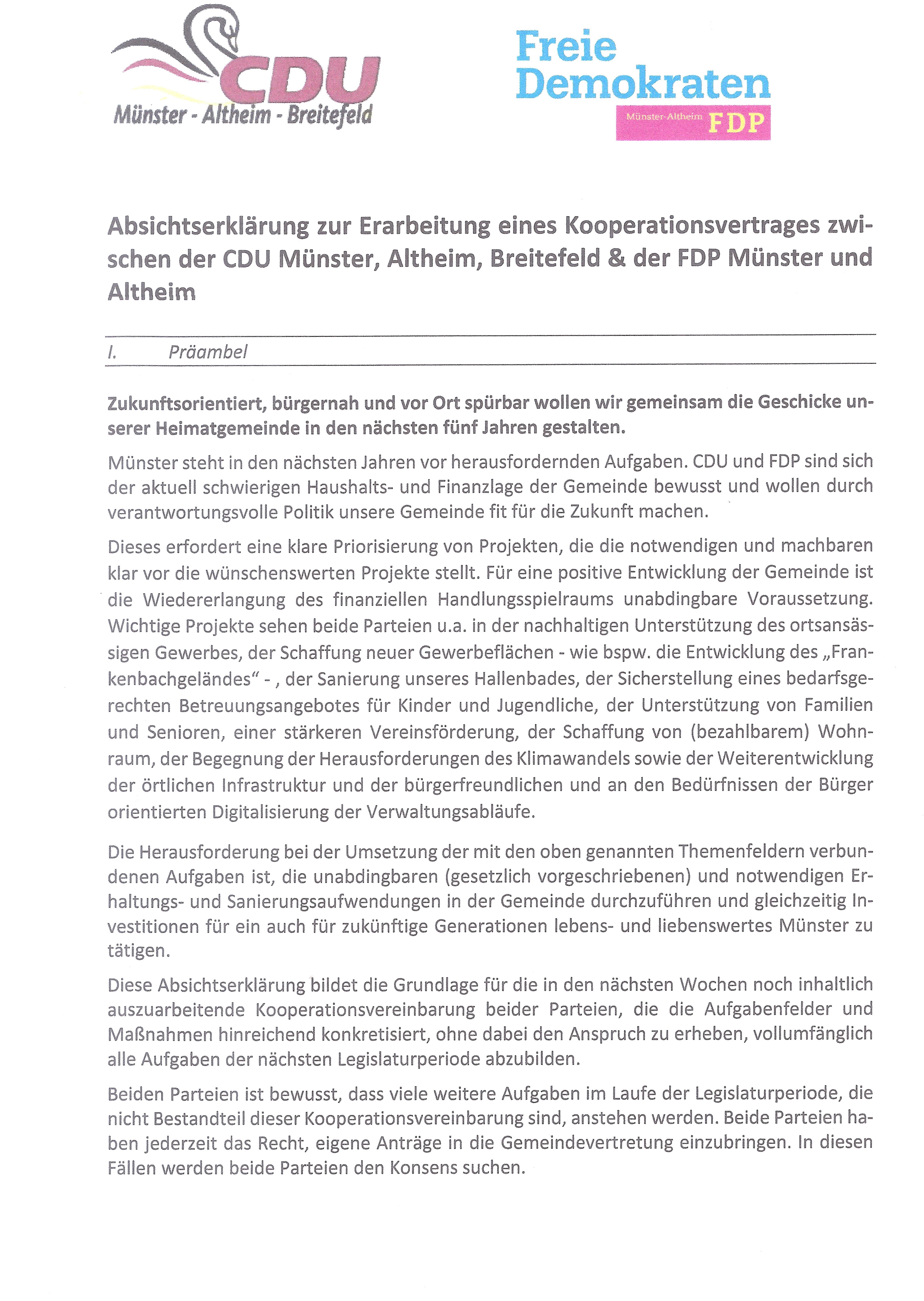 Die von CDU und FDP unterzeichnete Absichtserklärung zur Erarbeitung eines Kooperationsvertrages - Seite 1